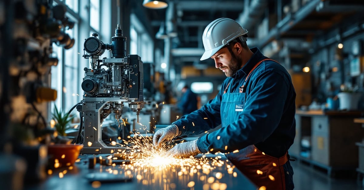 Technicien en maintenance industrielle inspectant une machine dans une usine moderne