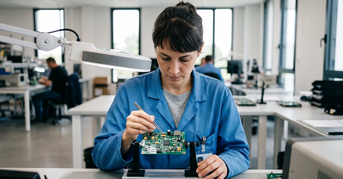 Composants électroniques sur un établi à Toulouse – résistances, circuits et connecteurs