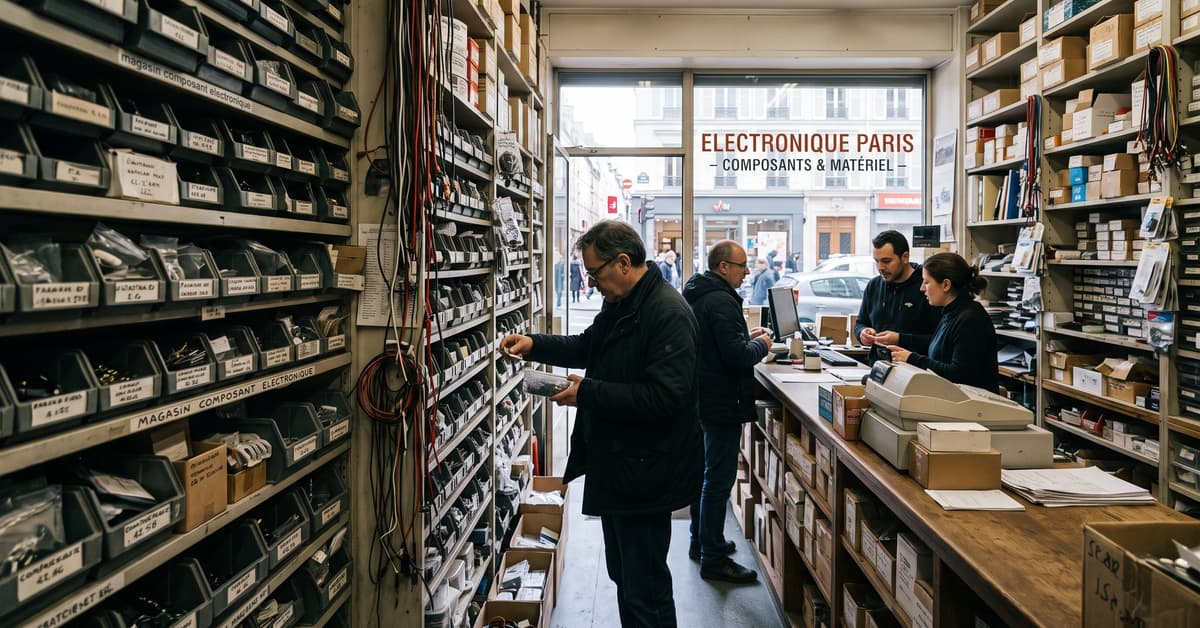 Magasin de composants électroniques à Paris avec rayons de pièces et équipements techniques