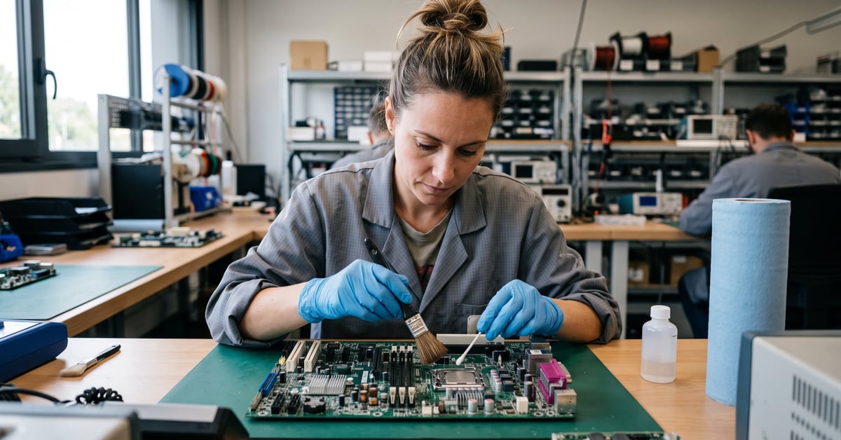 Nettoyage d'un composant électronique avec précision – entretien carte mère