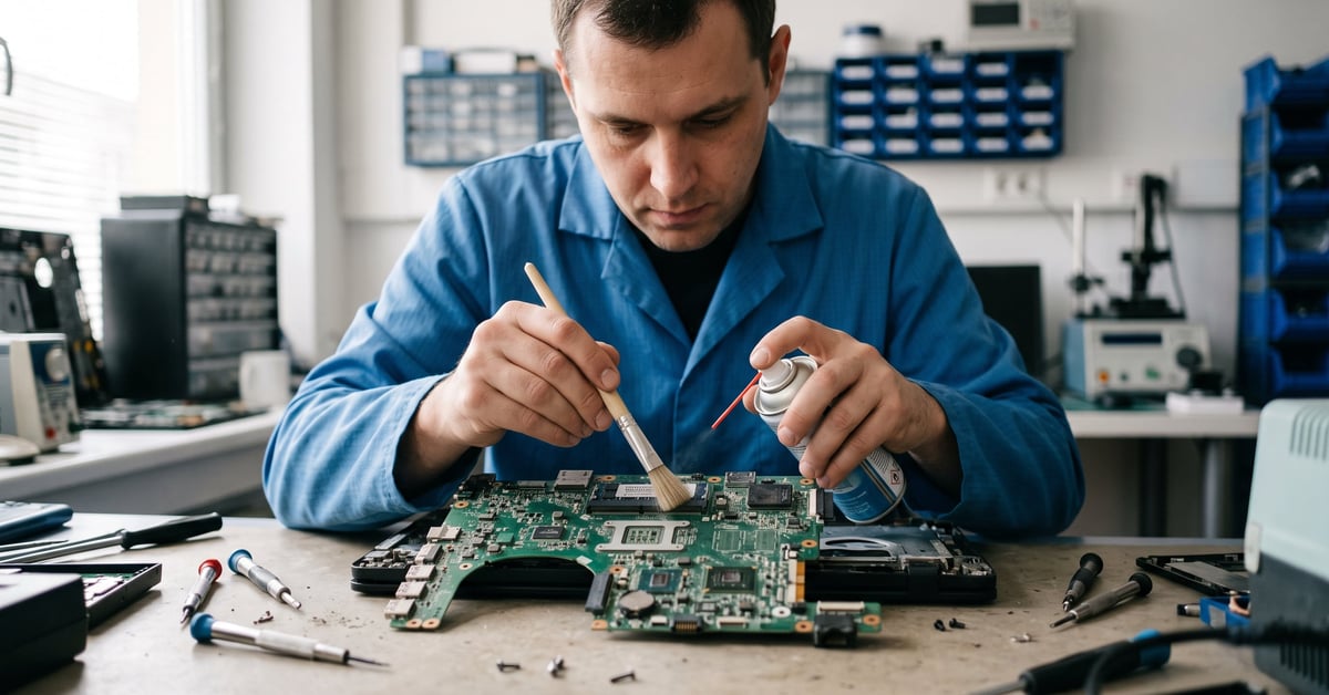 Nettoyer composant électronique avec précision sur un établi de réparation moderne