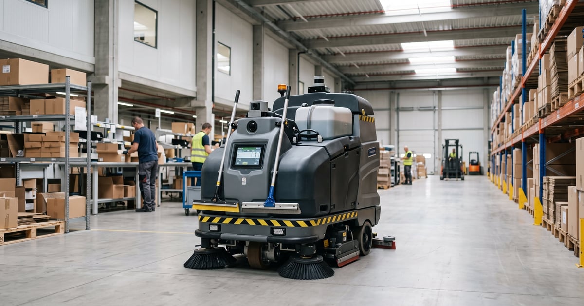 Robot aspirateur industriel autonome en action dans un entrepôt moderne