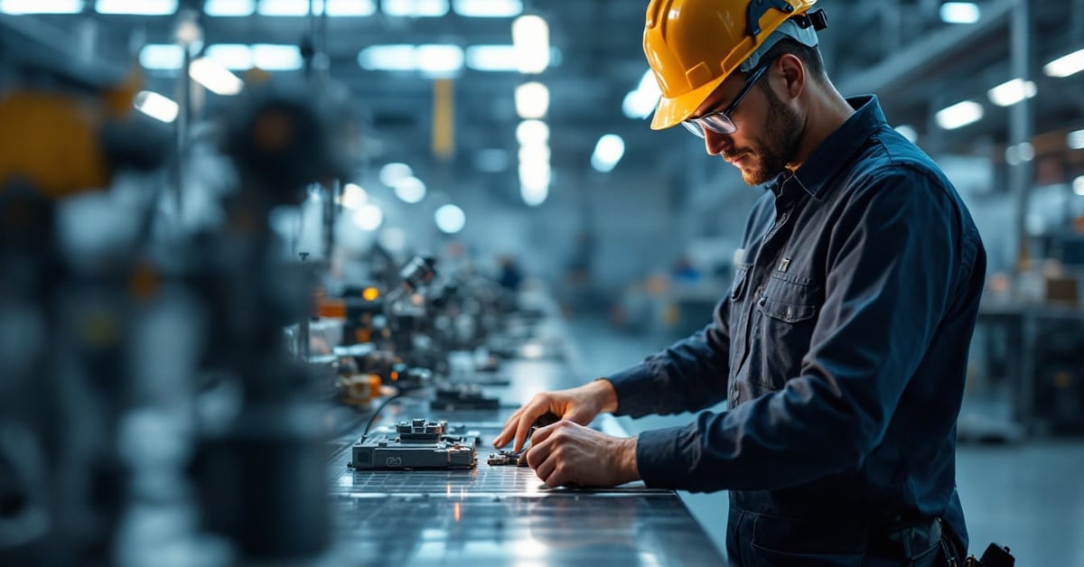 Stagiaire en maintenance industrielle inspectant une machine dans un atelier moderne