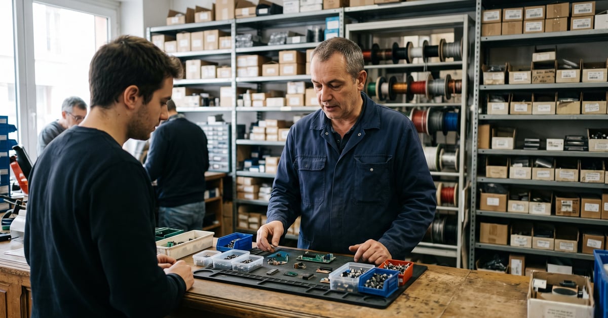 Vente composant électronique : assortiment de composants sur un établi d'électronicien