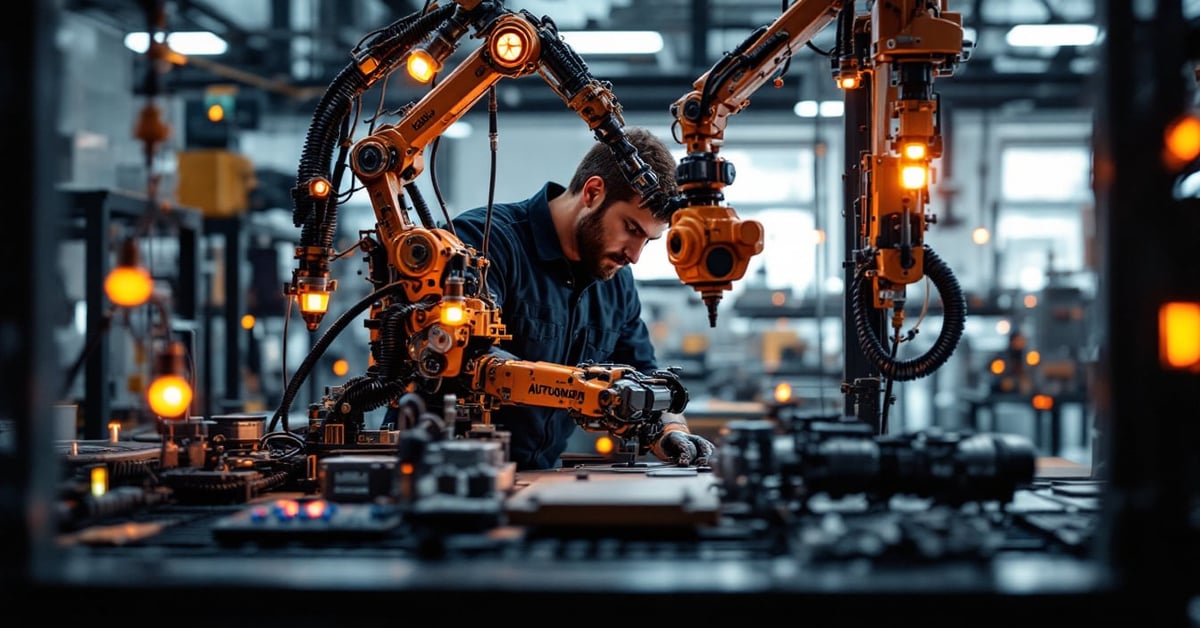 Ingénieur supervisant une ligne d'automatisation industrielle dans une usine moderne — entreprise automatisation industrielle