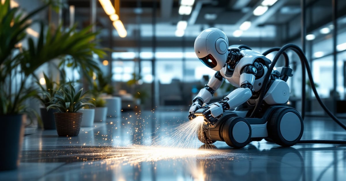 Robot aspirateur laveur industriel en action sur un sol d'entrepôt moderne