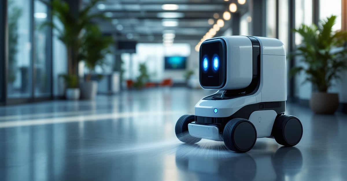Robot de nettoyage industriel autonome en action dans un entrepôt moderne