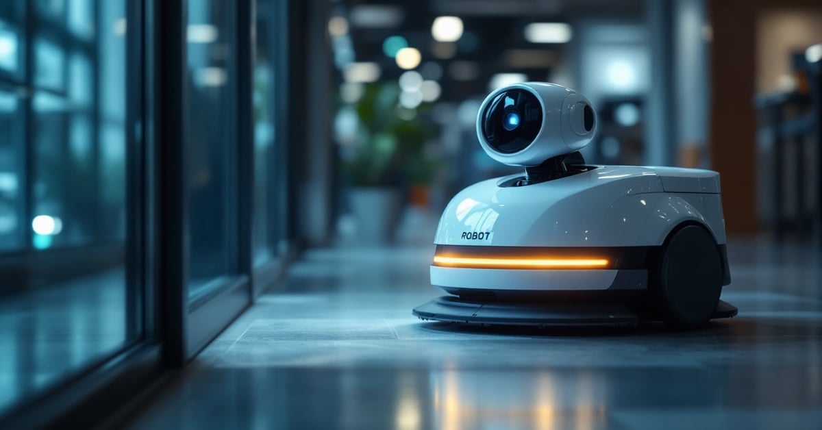 Robot nettoyeur industriel autonome en action dans un entrepôt moderne